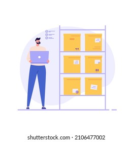 Warehouse worker with stack of boxes. Manager checking stack boxes on pallet and shelf. Concept of warehouse storage, logistic industry, delivery service. Warehouse interior vector illustration