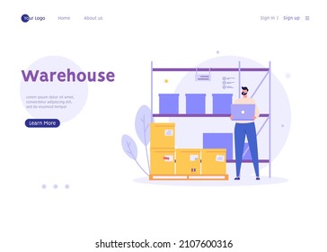 Warehouse worker with stack of boxes. Manager checking stack boxes on pallet and shelf. Concept of warehouse storage, logistic industry, delivery service. Warehouse interior vector illustration