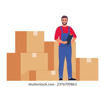 Warehouse worker and stack of boxes. Stock taking job. Vector illustration