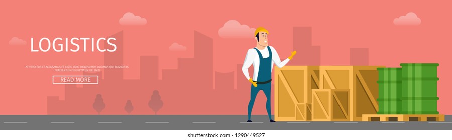 Warehouse Worker Stand near Box and Tank Banner. Smiling Character in Overall Uniform and Hard Hat Standing near Package, Barrel and Wooden Pallet. Logistics Page. Flat Cartoon Vector Illustration