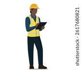 Warehouse worker tracking orders, she is wearing a safety helmet and safety vest, isolated