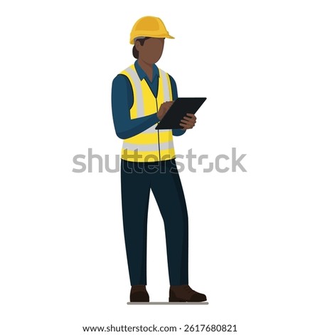 Warehouse worker tracking orders, she is wearing a safety helmet and safety vest, isolated