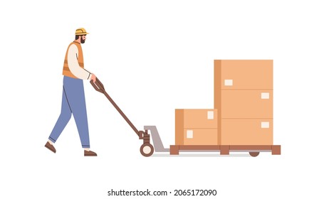 Warehouse worker transporting carton boxes of parcels on pallet jack. Man carrying packages on manual trolley with handle. Work at stockroom. Flat vector illustration isolated on white background