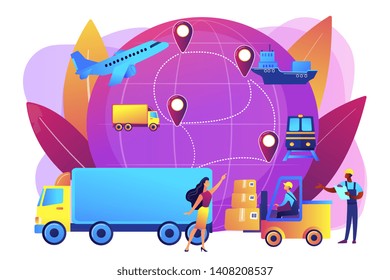 Trabajador de almacén transportando bienes. Tipos de envío de mercancías. Logística comercial, tecnologías de logística inteligente, concepto de servicio de entrega comercial. Ilustración aislada del vector violeta brillante brillante brillante brillante