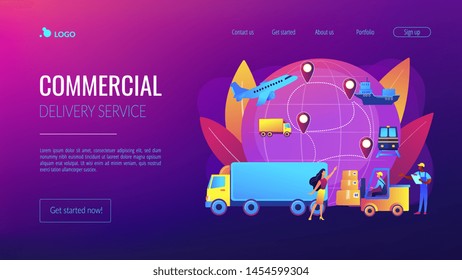 Warehouse worker transporting goods. Freight shipping types. Business logistics, smart logistics technologies, commercial delivery service concept. Website homepage landing web page template.