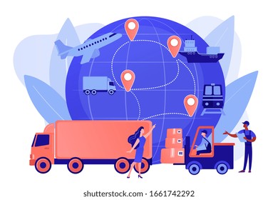 Warehouse worker transporting goods. Freight shipping types. Business logistics, smart logistics technologies, commercial delivery service concept. Pinkish coral bluevector isolated illustration