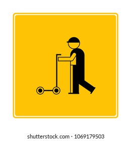 warehouse worker and trolley icon in yellow background