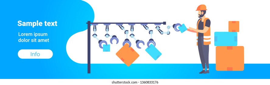 warehouse worker in uniform arranging cardboard boxes with robot arms automated robotic production line modern storage horizontal full length flat copy space