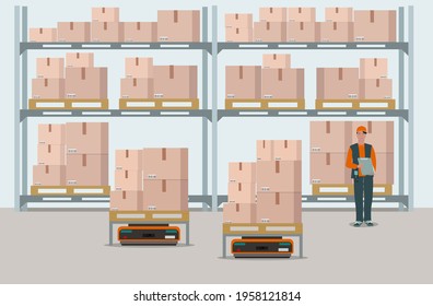 Warehouse worker in uniform with a barcode scanner, automated warehouse operation using a robot.  Logistics service for storage and delivery. Vector illustration.