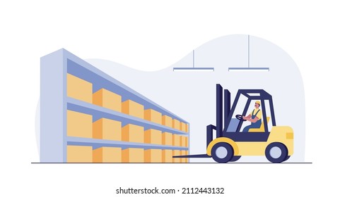 Warehouse worker in uniform drive a forklift with boxes.