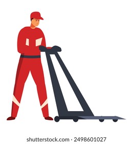 Warehouse worker in uniform is pushing a manual pallet truck, ready to transport goods