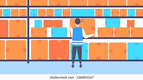warehouse worker in uniform putting cardboard box on shelf arranging goods concept modern storage interior horizontal flat male cartoon character rear view full length