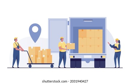 Warehouse worker unloading goods from the trucks. Warehouse workers loading boxes in trucks. Delivery man, warehouse inspector, parcel in truck, warehouse worker.