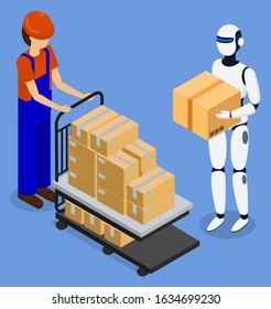 Warehouse worker use robot for loading and unloading packages. Modern robotic guy lift and move carton boxes. Technologies and innovations. Vector illustration of future transportation in flat style