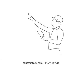 Warehouse Worker Using A Tablet Isolated Line Drawing, Vector Illustration Design. Logistics Collection.