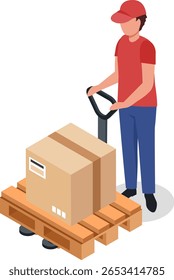 Trabalhador de armazém vestindo camiseta vermelha e boné está transportando grande caixa de papelão colocado em palete de madeira usando palete manual em vista isométrica