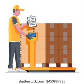 Warehouse worker is weighing the cargo. Industrial goods weight scales. Logistic and distribution, parcel package, cardboard boxes. Scale with box isolated on white. Flat vector illustration