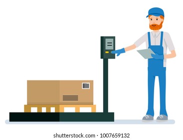 the warehouse worker is weighing the cargo Objects isolated on white background.