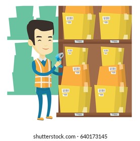 Warehouse worker working with scanner. Warehouse worker scanning barcode on box. Warehouse worker checking barcode of boxes with a scanner. Vector flat design illustration isolated on white background