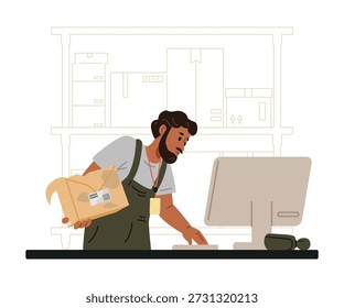 Warehouse worker writes off the product due to a defect flat vector illustration.