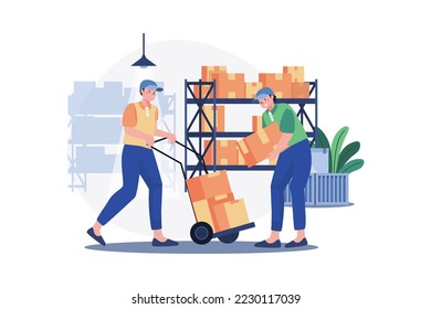 Warehouse Workers Arranging Boxes Illustration concept. A flat illustration isolated on white background