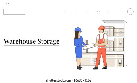 Warehouse workers with boxes on shelf. Light outline drawing style. Isolated illustration for your design, infographic, landing page or app designing.