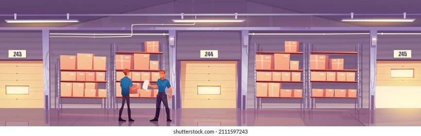 Warehouse with workers, cardboard boxes on shelves and closed gates with rolling shutter. Vector cartoon illustration of empty storage room interior with goods on metal racks and storehouse staff