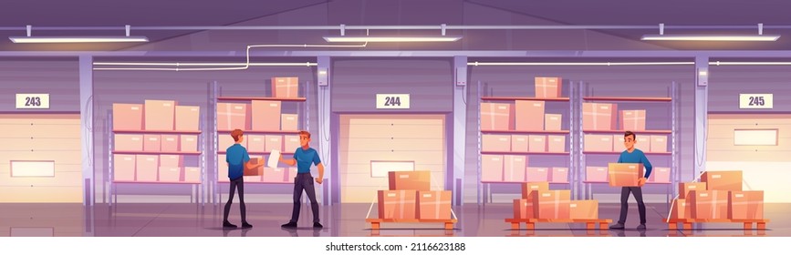 Almacén con trabajadores, cajas de cartón en estantes y palets. Ilustración de la caricatura vectorial del interior de la sala de almacenamiento con artículos en racks de metal, puertas cerradas con obturador rodante y personal de almacén