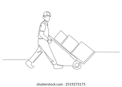 Los trabajadores del almacén llevan las mercancías por el camión de la mano. Concepto de almacenamiento de dibujo de una línea