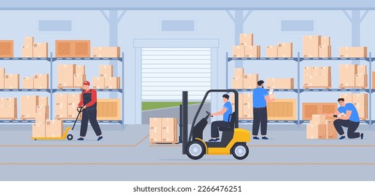 Warehouse workers carry parcel boxes. Delivery of parcels, transportation and storage of goods. Vector illustration