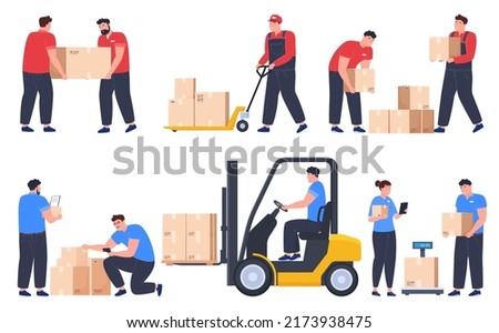 Warehouse workers carry parcel boxes. Delivery of parcels, transportation and storage of goods. Vector illustration