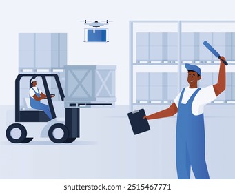 Carregamento de caracteres dos trabalhadores do depósito, empilhamento de mercadorias. Conceito de ilustração em azul plano. Veículo aéreo voador carregado com caixas. Trabalhador navegando. Gerenciamento de Depósito, processo logístico, driver de empilhadeira