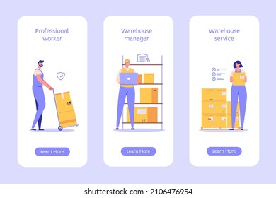 Warehouse workers characters set. Man loader carrying boxes. Warehouse manager checking package boxes on shelf. Courier delivering parcels. Vector illustration for mobile app, onboarding screen
