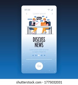 warehouse workers chatting during meeting discussing daily news chat bubble communication concept smartphone screen mobile app full length copy space vector illustration