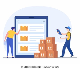 Warehouse workers Check inventories before shipping using tablet and Checking boxes., concept of Inventory control system.