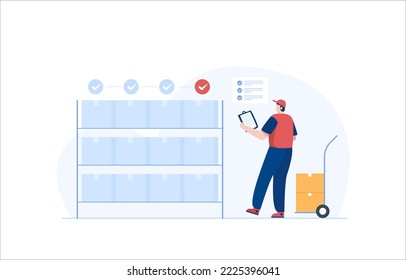 Warehouse workers check the inventory levels of items on the shelves. inventory management and stock control. vector illustration