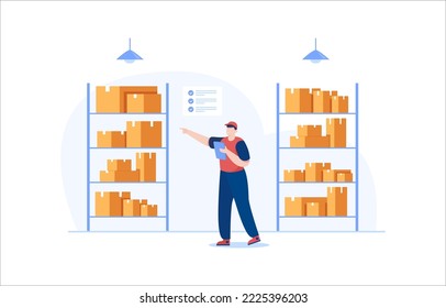 Warehouse workers check the inventory levels of items on the shelves. inventory management and stock control. vector illustration