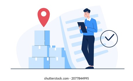 Warehouse workers check quantity and delivery of products from customers' purchase orders to deliver goods to the correct location. Vector illutration flat style