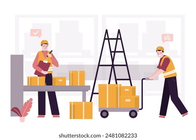 Warehouse workers checking inventories. Checking list of storage boxes. Warehouse staff preparing products for shipment. Work of packaging department for preparation of shipments. vector illustration