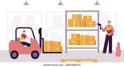 Lagerarbeiter prüfen Lagerbestände. Überprüfen der Liste der Aufbewahrungsboxen. Lader Transportboxen, Arbeiter Mann scannen Barcodes. Arbeit der Verpackungsabteilung für die Vorbereitung von Sendungen. Flache Vektorgrafik