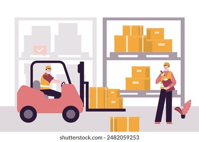 Warehouse workers checking inventories. Checking list of storage boxes. Loader transporting boxes, worker counts quantity of goods. Work of packaging department for preparation of shipments. vector