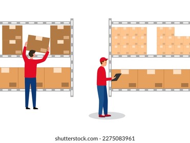 Warehouse workers checking stock inventory in flat design on white background. Inventory management.