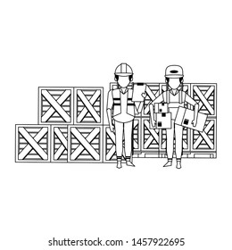 Warehouse workers with clipboard and boxes vector illustration