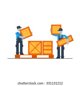 Warehouse workers with container and boxes, logistics services, packaging and shipping logistics transportation vector flat illustration