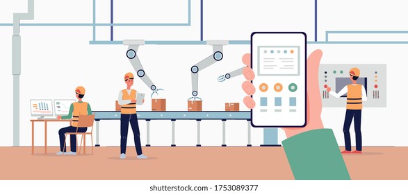 Warehouse workers controlling automated robotic line via computer device, flat vector illustration. Advanced logistics technology for warehousing and stocking.