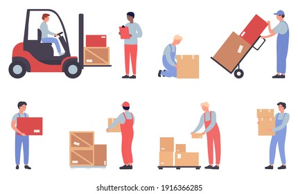 Warehouse workers doing job set. Cartoon flat worker staff people work, load packages and containers loading warehousing process isolated on white