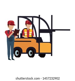 Warehouse workers driving forklift and holding clipboard vector illustration