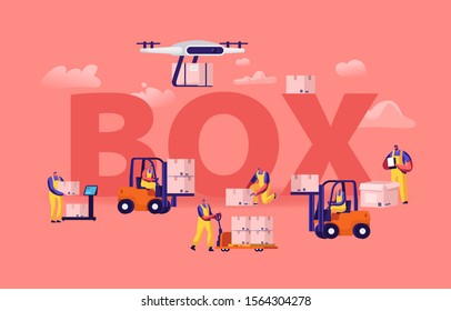 Warehouse Workers and Drones Loading Boxes Concept. Men Stacking Goods with Electric Hand Lifters and Forklift Truck. Industrial Logistic Poster Banner Flyer Brochure. Cartoon Flat Vector Illustration