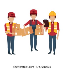 Warehouse workers holding boxes and clipboard vector illustration