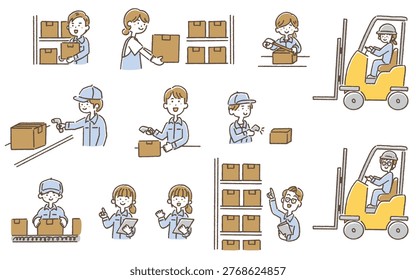 Warehouse Workers Illustration Set (Picking, Packing, Inventory, Logistics Staff, Flat Style)